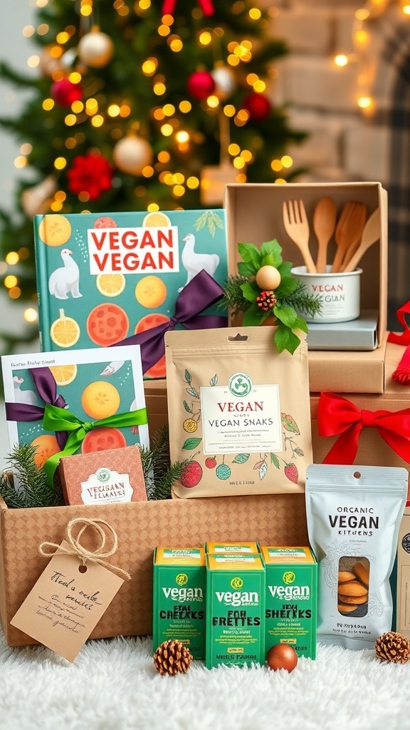 A festive arrangement of vegan Christmas gifts including a cookbook, snacks, and eco-friendly items.